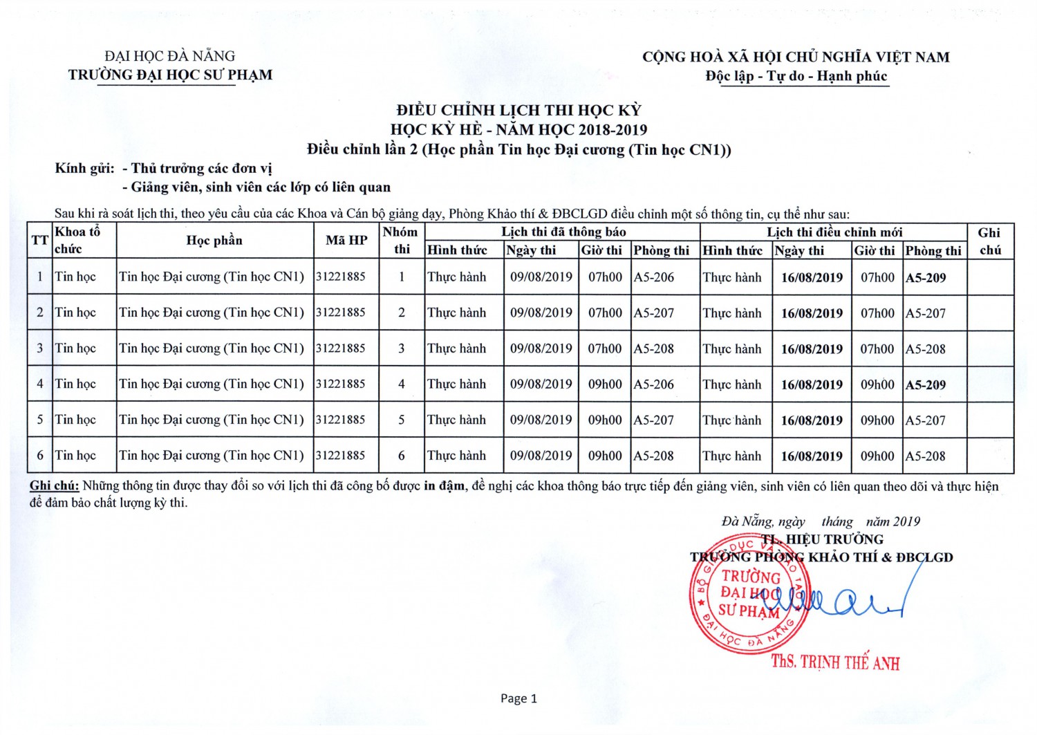 Thông báo điều chỉnh lịch thi các lớp Tin học đại cương