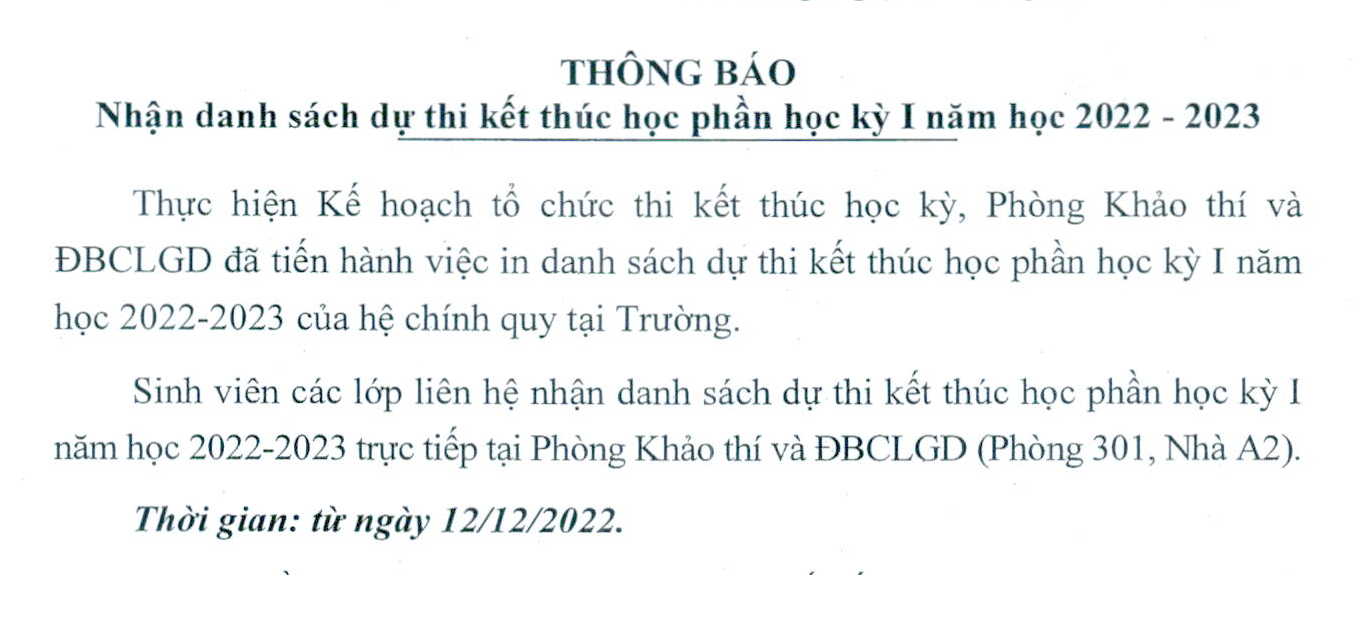 THÔNG BÁO NHẬN DANH SÁCH DỰ THI KẾT THÚC HỌC PHẦN HỌC KỲ I NĂM HỌC 2022 - 2023