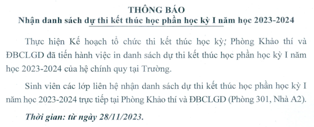 THÔNG BÁO NHẬN DANH SÁCH DỰ THI KẾT THÚC HỌC PHẦN HỌC KỲ I NĂM HỌC 2023 - 2024